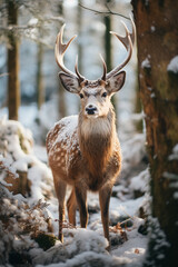 A snowy forest clearing with a deer and a sparkling Christmas tree.