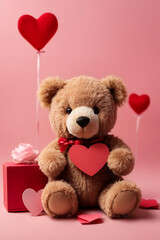 Cute teddy bear with red heart and blank card on pink background, space for text. Valentine's day celebration