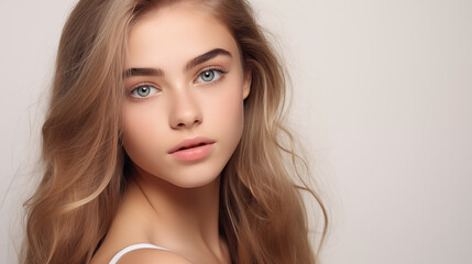 Naklejka premium Portrait of beautiful teen girl with brown hair, blue eyes, naive facial expression. Natural beauty with glowing healthy skin. Advertising of cosmetics, perfumes