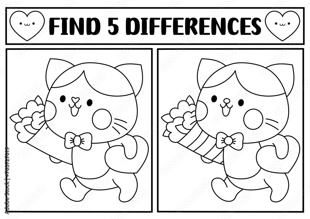 Canvas Prints saint valentine kawaii black and white find differences game. attention skills activity with cute ca - Canvas Prints