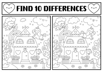 Obraz premium Saint Valentine kawaii black and white find differences game. Attention skills activity with scene, cupid, house with heart, unicorn. Love holiday puzzle, coloring page for kids. Printable worksheet.