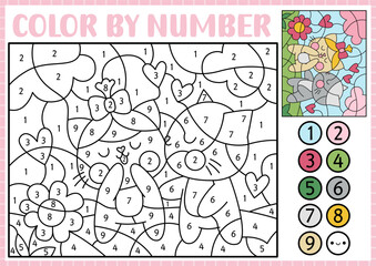 Vector Saint Valentine color by number activity with cute kawaii cats couple. Love holiday scene. Black and white counting game with funny kissing kittens, hearts. Coloring page for kids.