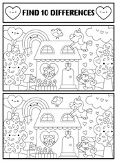 Saint Valentine kawaii black and white find differences game. Attention skills activity with scene with cat couple, house, unicorn. Love holiday puzzle, coloring page for kids. Printable worksheet.