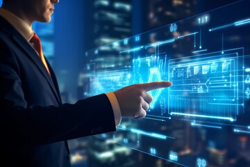 Navigating the Future: Businessman Engaging with Futuristic HUD Infographic on Blue