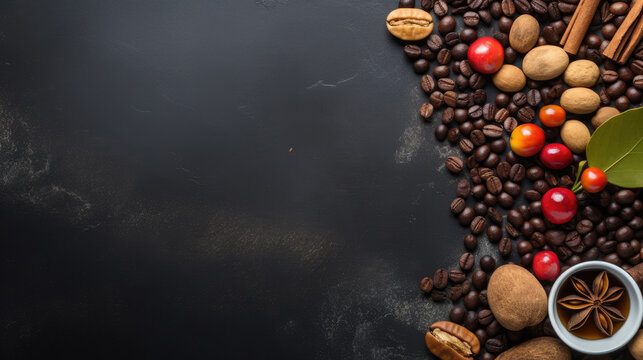 coffee beans , Coffee cup and cinnamon on dark background. copy space for text