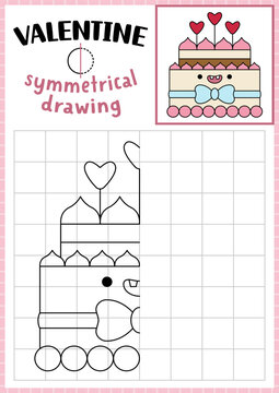 Saint Valentine symmetrical drawing worksheet. Complete the cake picture. Vector love holiday writing practice worksheet. Printable black and white activity for kids. Copy the picture.