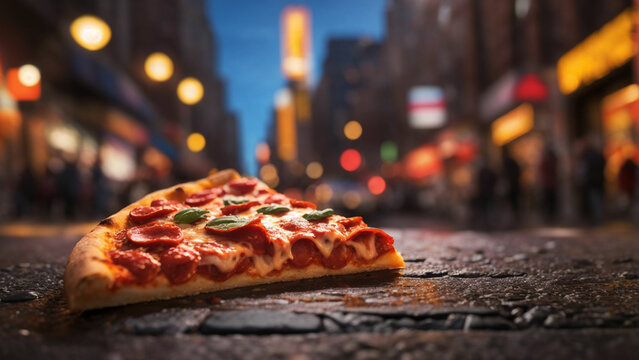 Capture the essence of city life with a close-up shot of a mouthwatering pepperoni pizza slice held against a bustling street road background