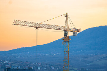 view of a crane against the background of a mountain landscape at sunrise.