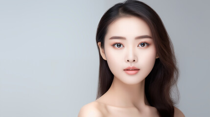 Naklejka premium Beautiful young asian woman with glowing healthy skin close-up. Advertising of cosmetics, perfumes, copy space