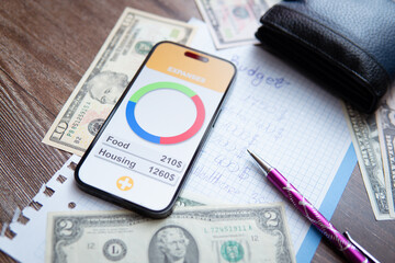 Budget setting app on smartphone screen next to dollars