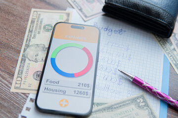 Budget setting app on smartphone screen next to dollars
