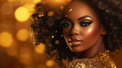 Portrait of gorgeous black woman in golden dress on glitter background