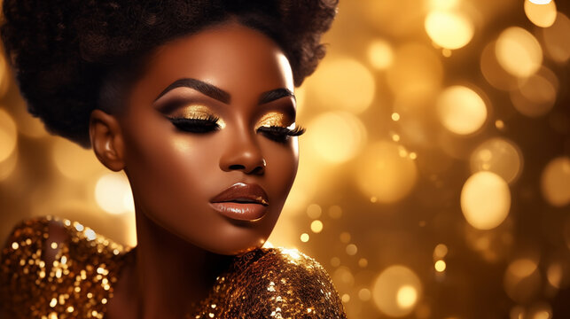Portrait of gorgeous black woman in golden dress on glitter background