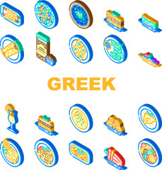 greek cuisine food salad icons set vector. greece table, mediterranean feta, meal island, dinner cheese, restaurant, oil olive greek cuisine food salad isometric sign illustrations