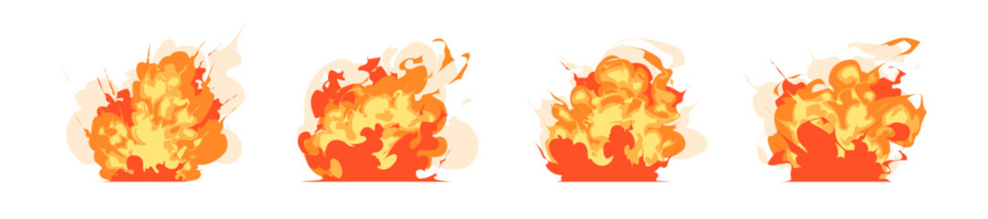 set of burning fire splashes comic game effect, explosion, smoke, blaze, and flame illustration