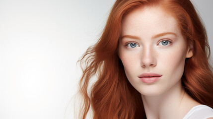 Fototapeta premium Portrait of beautiful young woman with ginger hair, blue eyes, skin details. Natural beauty with freckles on the face. Advertising of cosmetics, perfumes