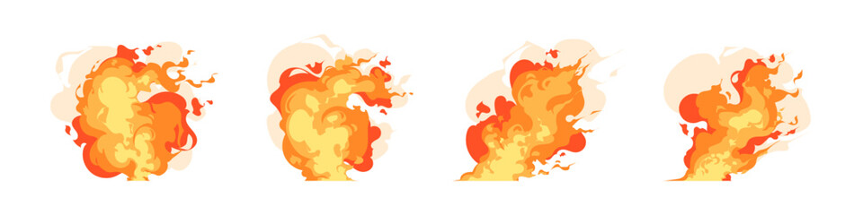 Obraz premium set of burning fire splashes comic game effect, explosion, smoke, blaze, and flame illustration