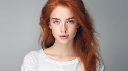 Portrait of beautiful teen girl with ginger hair, blue eyes, plump lips, naive facial expression. Natural beauty with freckles on the face. Advertising of cosmetics, perfumes
