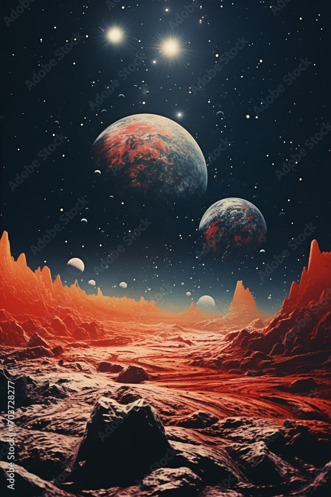 Poster A cosmic scene with multiple moons and a galaxy in the background.