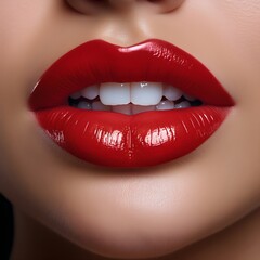 Obraz premium Close up lips of woman, bright red lipstick, Radiant, Youthful, Glowing, Flawless, Elegance, Chic, Alluring, Timeless, Glamorous, Confidence, beautiful white teeth