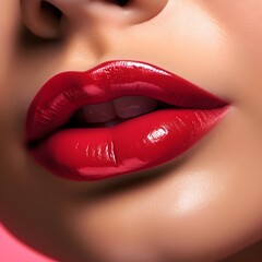 Obraz premium Close up lips of woman, bright red lipstick, Radiant, Youthful, Glowing, Flawless, Elegance, Chic, Alluring, Timeless, Glamorous, Confidence, beautiful white teeth