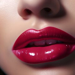 Close up lips of woman, red magenta lipstick, Radiant, Youthful, Glowing, Flawless, Elegance, Chic, Alluring, Timeless, Glamorous, Confidence, beautiful white teeth, mouth slightly open