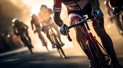 A Group of cyclists riding bicycles marathon, dynamic view, sun light