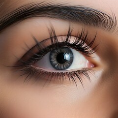 Obraz premium Close up of a female eye, bright iris, long Voluminous healthy lashes, beauty skin eye care lash extension concept, Anti-aging, Radiance, Clear complexion
