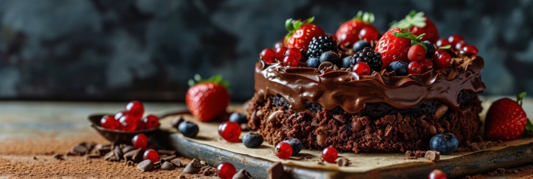 Chocolate Brownie Cake Decorated Strawberries Blue, Banner Image For Website, Background, Desktop Wallpaper