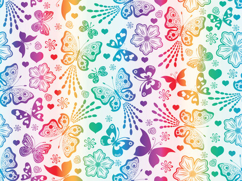 Ditsy gradient rainbow hand drawn spring floral seamless pattern with butterflies and flowers for wallpaper, packaging, textile. White background. Vector image