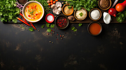 asian classic soup ingredients with vegetables, herbs on dark backgroundcopy space for text