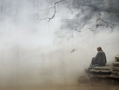 solitary monk sits on a rock in a foggy landscape