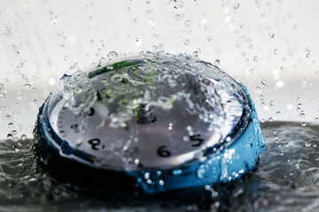 Clock and splashing water drops.
