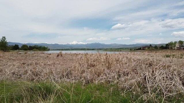 snow capped mountains behind lake