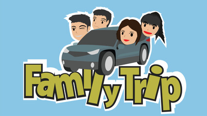 Object of logo for family trip. Heads of father, mother, son and daughter are assembled on the body of the car. Family car on text. Isolated on blue background.