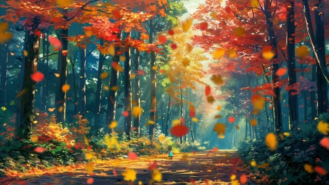 natural scenery in the fall with a path in the middle of the forest. Seamless looping 4k time-lapse virtual video animation background 