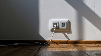 A white electrical outlet on the wall in the room