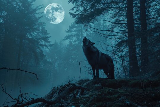 werewolf howling at the moon in a forest howling wolf