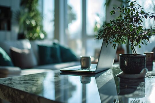 A Laptop Mockup On A Tabletop With A Blurred Modern White Living Room As A Background.