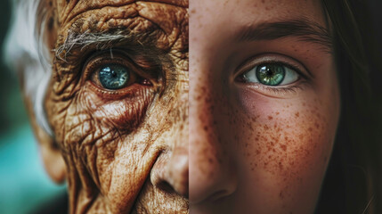 Duality of Advocacy - Close-up portrait of a person with their face evenly divided into a young and elderly half, representing a young activist and a lifelong advocate Gen AI - obrazy, fototapety, plakaty