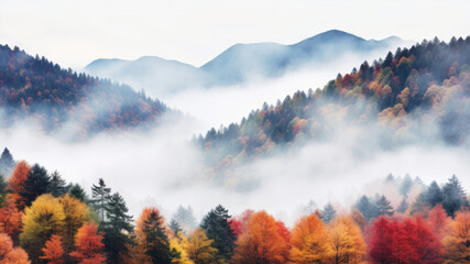 Foggy autumn landscape with colorful forest and mountains in the background
