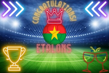 carte de congratulation pour l'équipe nationale de football du Burkina Faso avec un ballon de football colorié au drapeau du Burkina Faso au milieu d'un stade portant une couronne lumineuse - obrazy, fototapety, plakaty