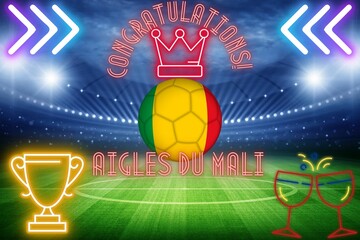 carte de congratulation pour l'équipe nationale de football du Mali avec un ballon de football colorié au drapeau Makien au milieu d'un stade portant une couronne luminbeuse