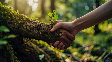 Environment protector handshake for teamwork of protecting trees,successful negotiate,hand shake, business deal in forest concept. Generative AI