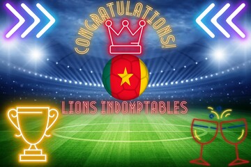 carte de congratulation pour l'équipe nationale de football du Cameroun avec un ballon de footballl colorié au drapeau camerounais au milieu d'un stade portant une couronne lumineuse