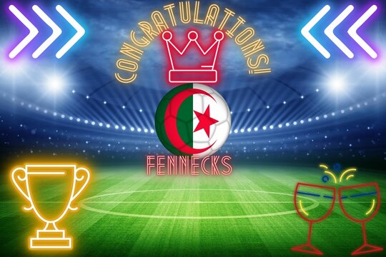 carte de congratulation pour l'équipe nationale de football de l'Algérie avec un ballon colorié au drapeau Algérien au milieu d'un stade portant une couronne lumineuse