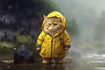 A cat in a yellow raincoat is exploring the forest during heavy rain