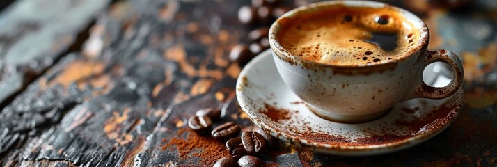 Fototapeta na wymiar Cup Coffee On White Saucer Background, Banner Image For Website, Background, Desktop Wallpaper