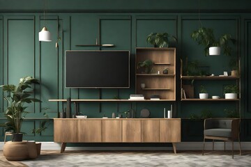 Living room with cabinet for tv on dark green color wall background.3