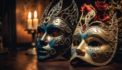  a couple of masquerade masks sitting on top of a wooden table next to a candelabra with a red rose in the middle of the mask. - obrazy, fototapety, plakaty